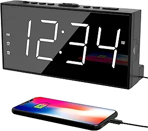 Alarm Clock for Bedroom, 2 Alarms Loud LED Big Display Plug in Simple Basic Digital Clock with USB Charging Port